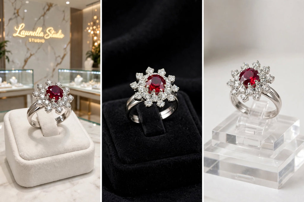 Anel cocktail roseta zircónia vermelho rubi duplo halo banho ródio Rommanel no dedo anelar mão pele morena unhas nude mármore dourado vitrine Launella Studio bokeh dourado frente