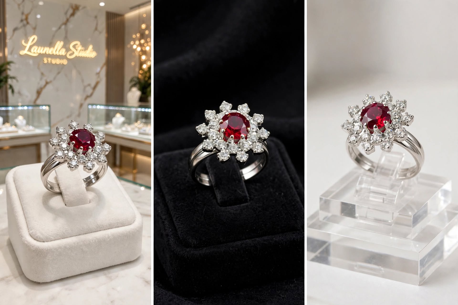 Anel cocktail roseta zircónia vermelho rubi duplo halo banho ródio Rommanel no dedo anelar mão pele morena unhas nude mármore dourado vitrine Launella Studio bokeh dourado frente