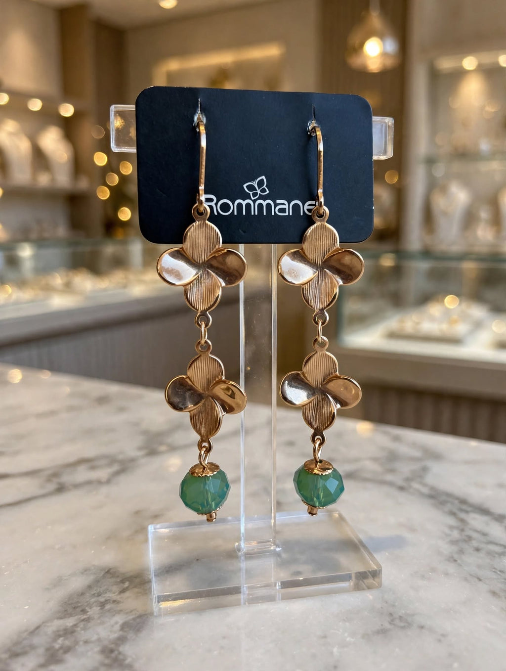 Brinco Pendente Flores Cristal Verde Rommanel