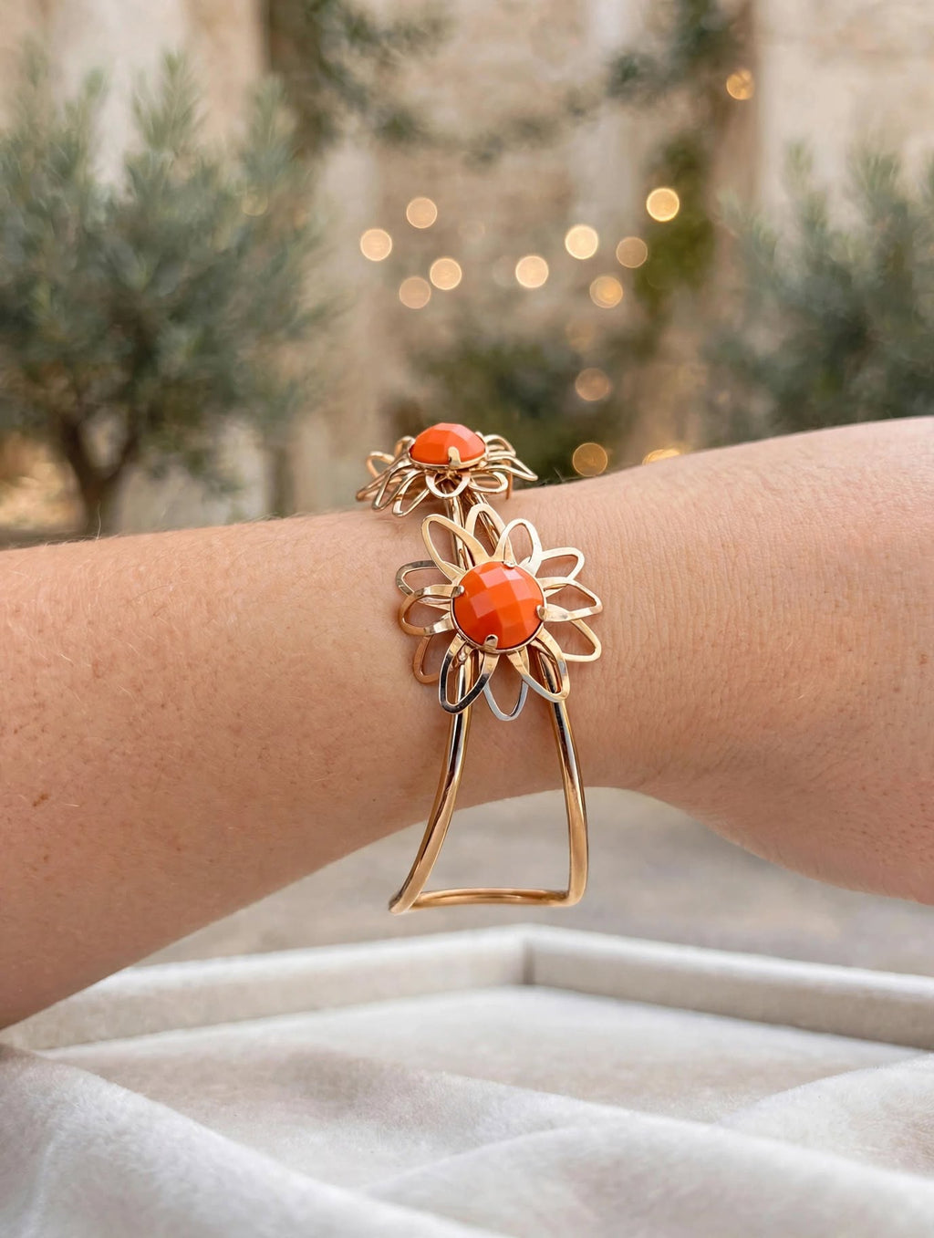 Bracelete Flores Pedra Laranja Coral Rommanel