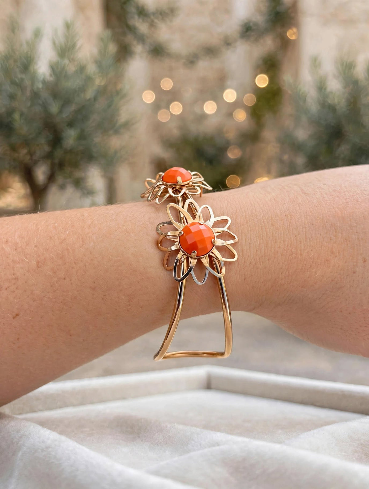 Bracelete Flores Pedra Laranja Coral Rommanel