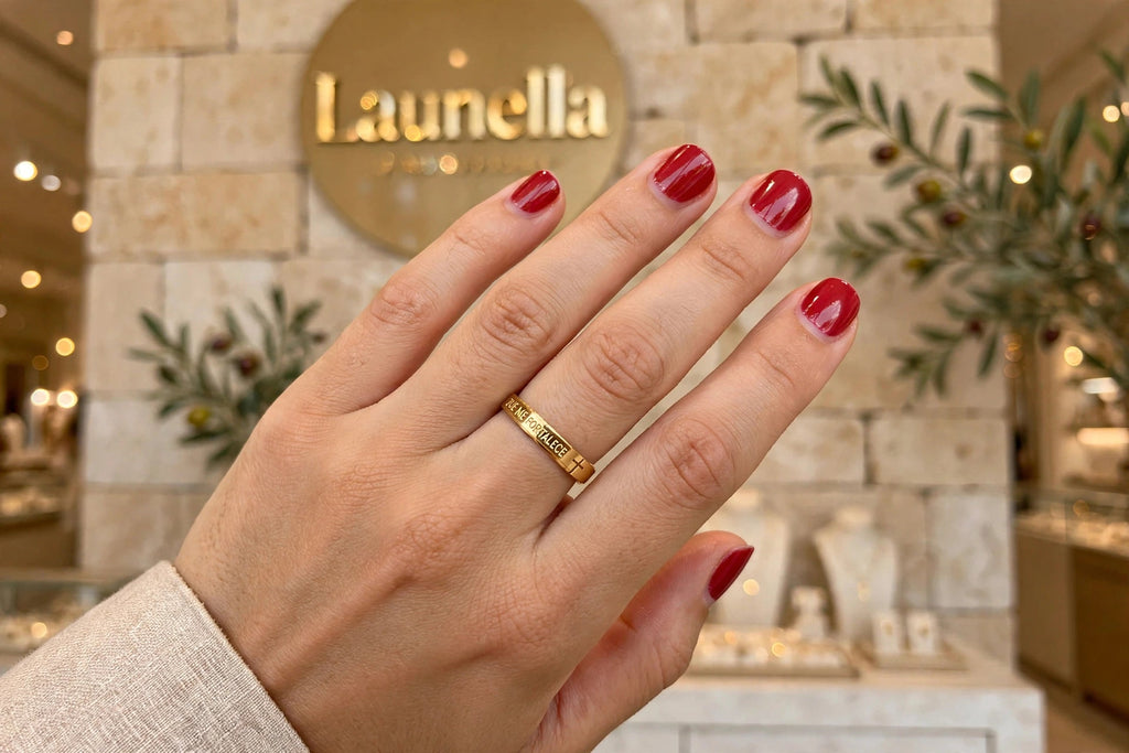 Anel Tudo Posso Naquele que Me Fortalece Rommanel - no dedo com unhas vermelhas interior loja Launella