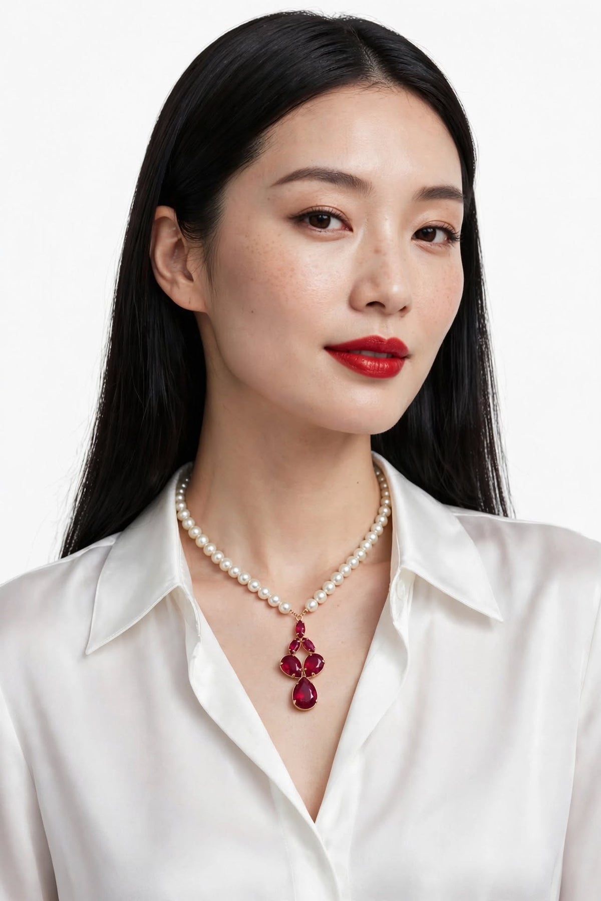 Colar Pérolas Brancas Pingente Cristal Vermelho Rommanel