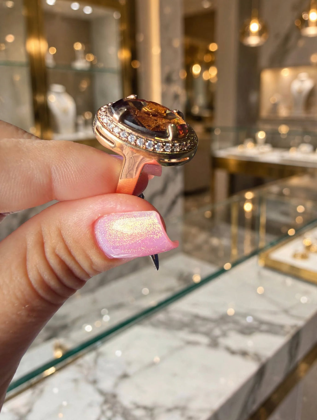 Anel Oval Quartzo Fumê Facetado Zircónias Rommanel