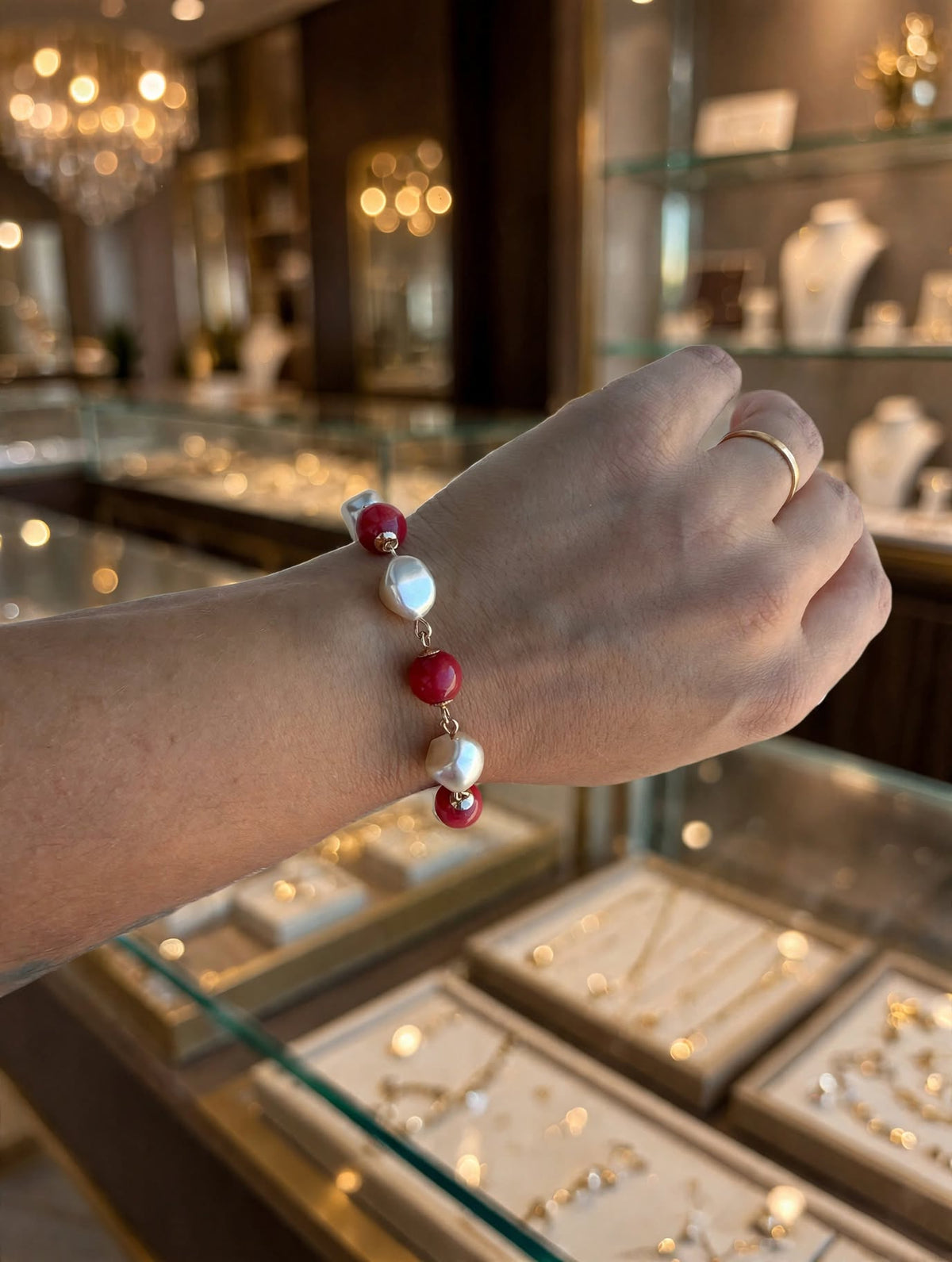 Pulseira Pérolas e Pedras Vermelhas Rommanel