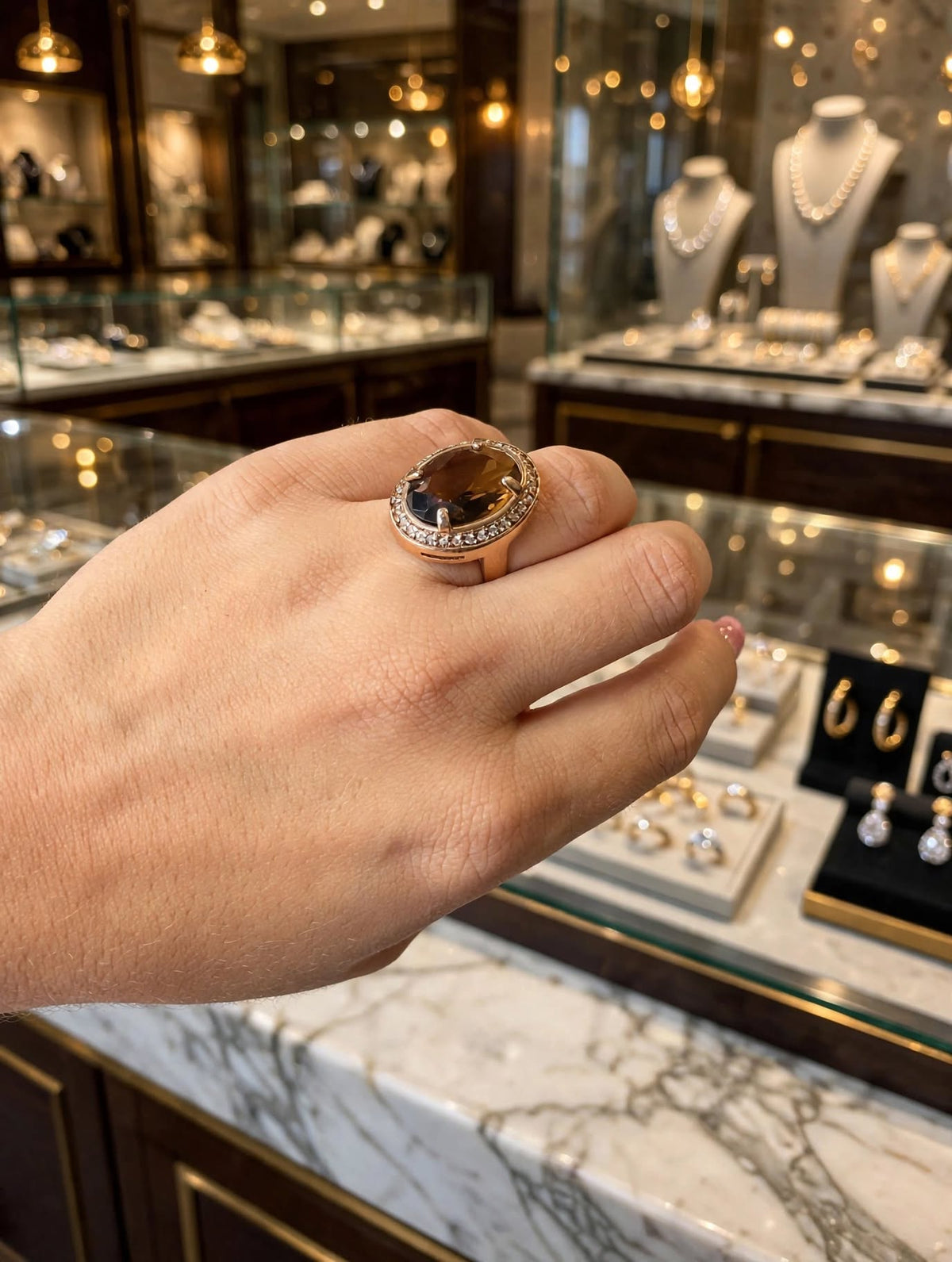 Anel Oval Quartzo Fumê Facetado Zircónias Rommanel