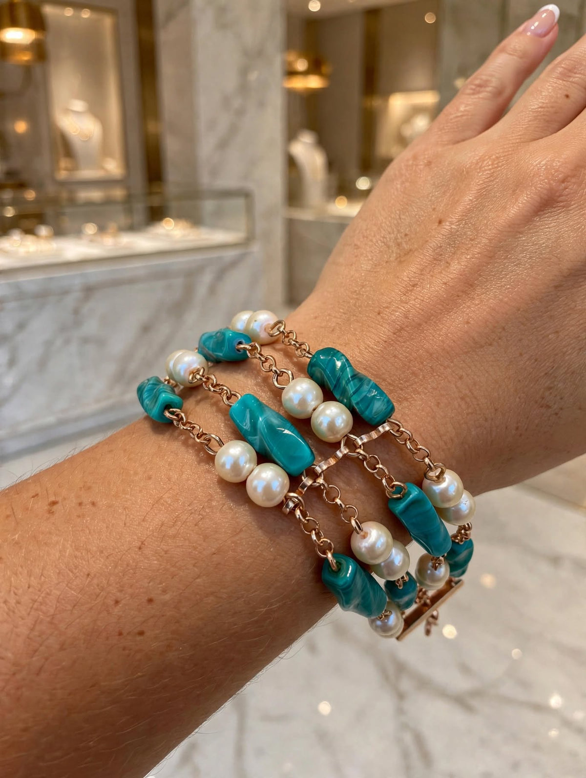 Pulseira Turquesa e Pérolas Rommanel