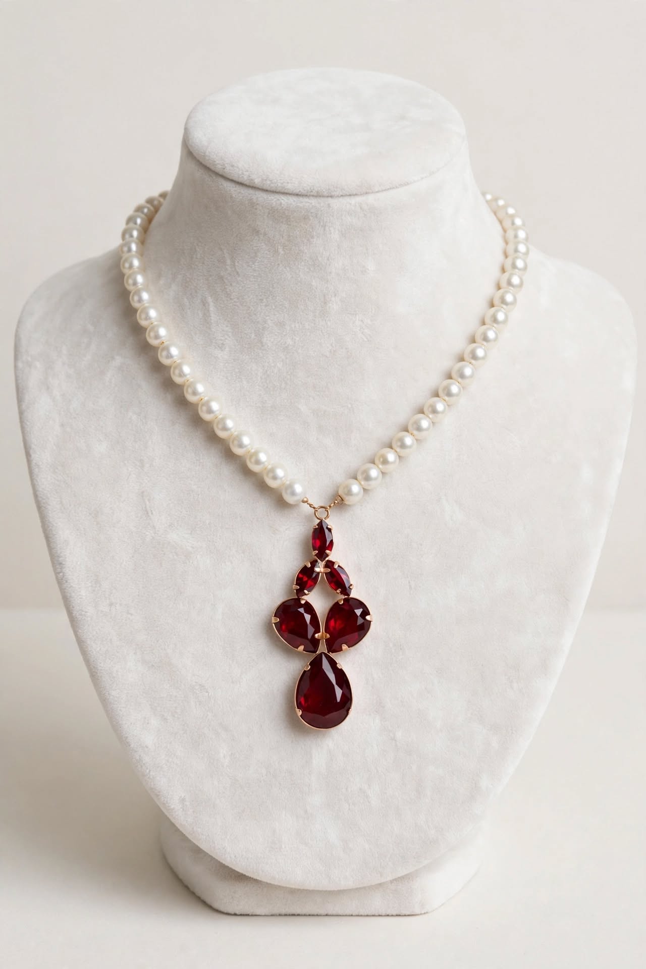 Colar Pérolas Brancas Pingente Cristal Vermelho Rommanel