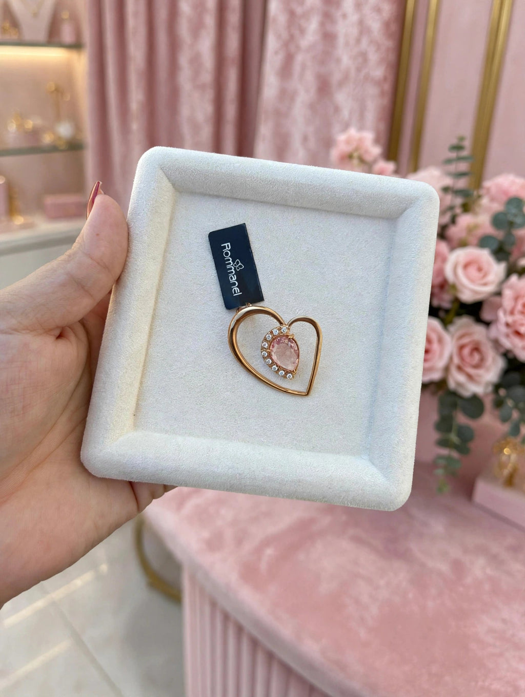 Pingente Coração Aberto Cristal Rose Zircónias Rommanel