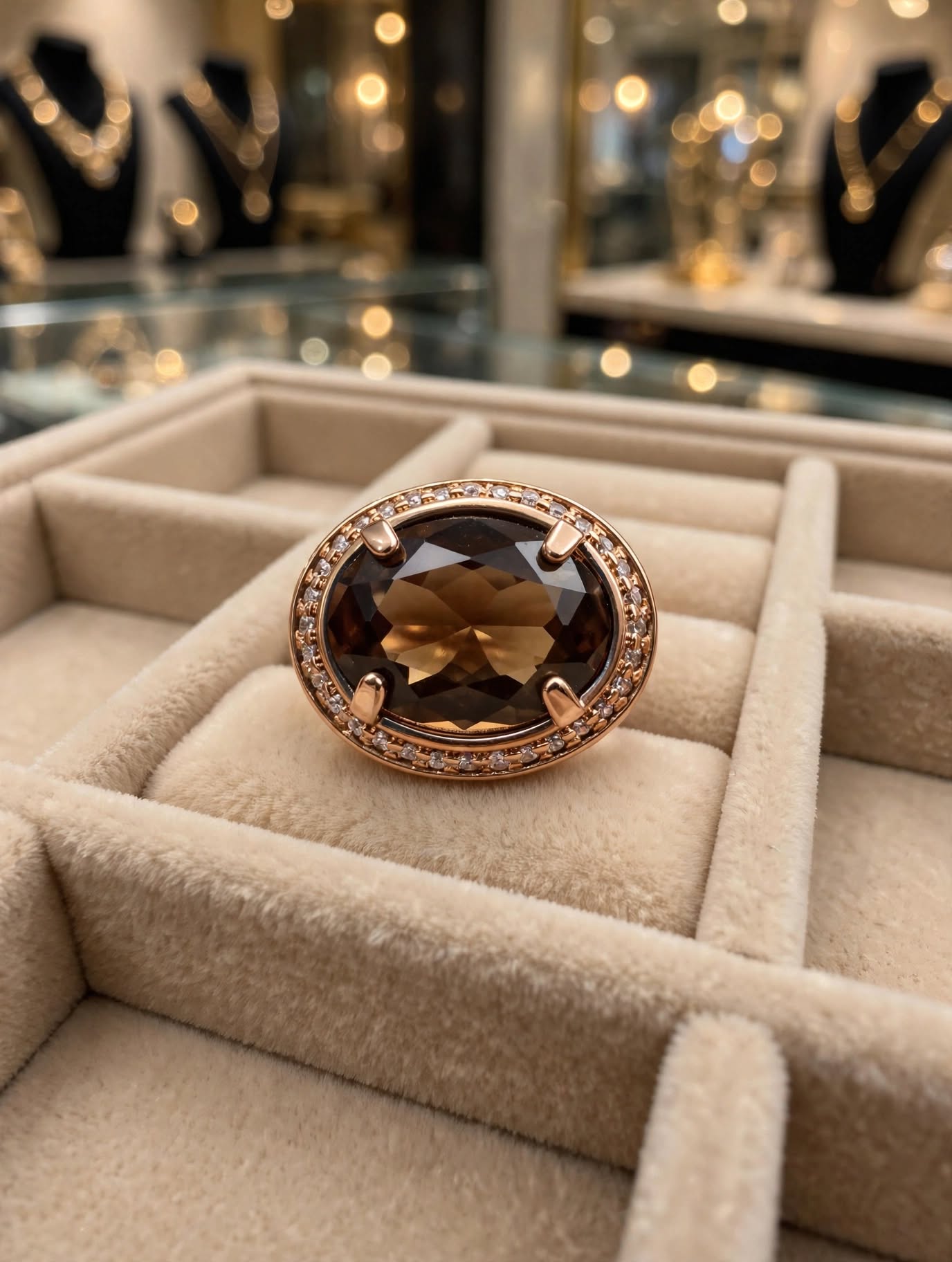 Anel Oval Quartzo Fumê Facetado Zircónias Rommanel