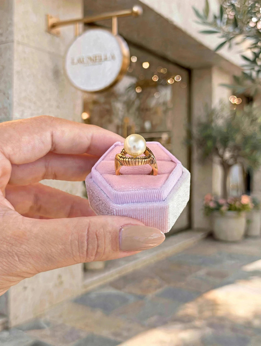 Anel Pérola com Halo de Zircónias Rommanel - na caixa rosa hexagonal em frente à loja Launella exterior