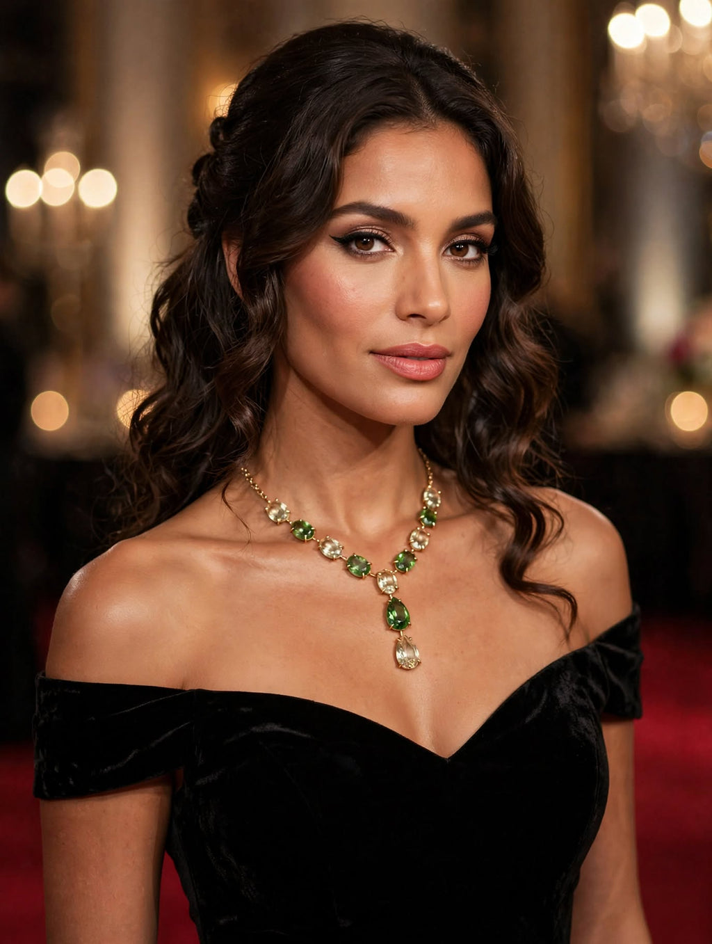 Colar Riviera Y-Drop Bicolor Pedras Ovais Cristal Verde Esmeralda Champanhe Rommanel