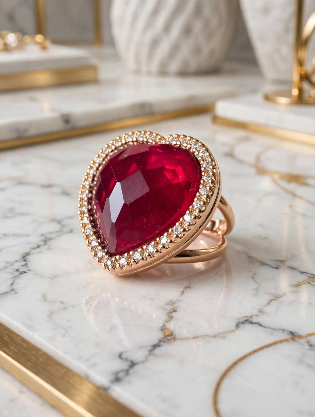 Anel Coração Cristal Vermelho Facetado Zircónias Rommanel