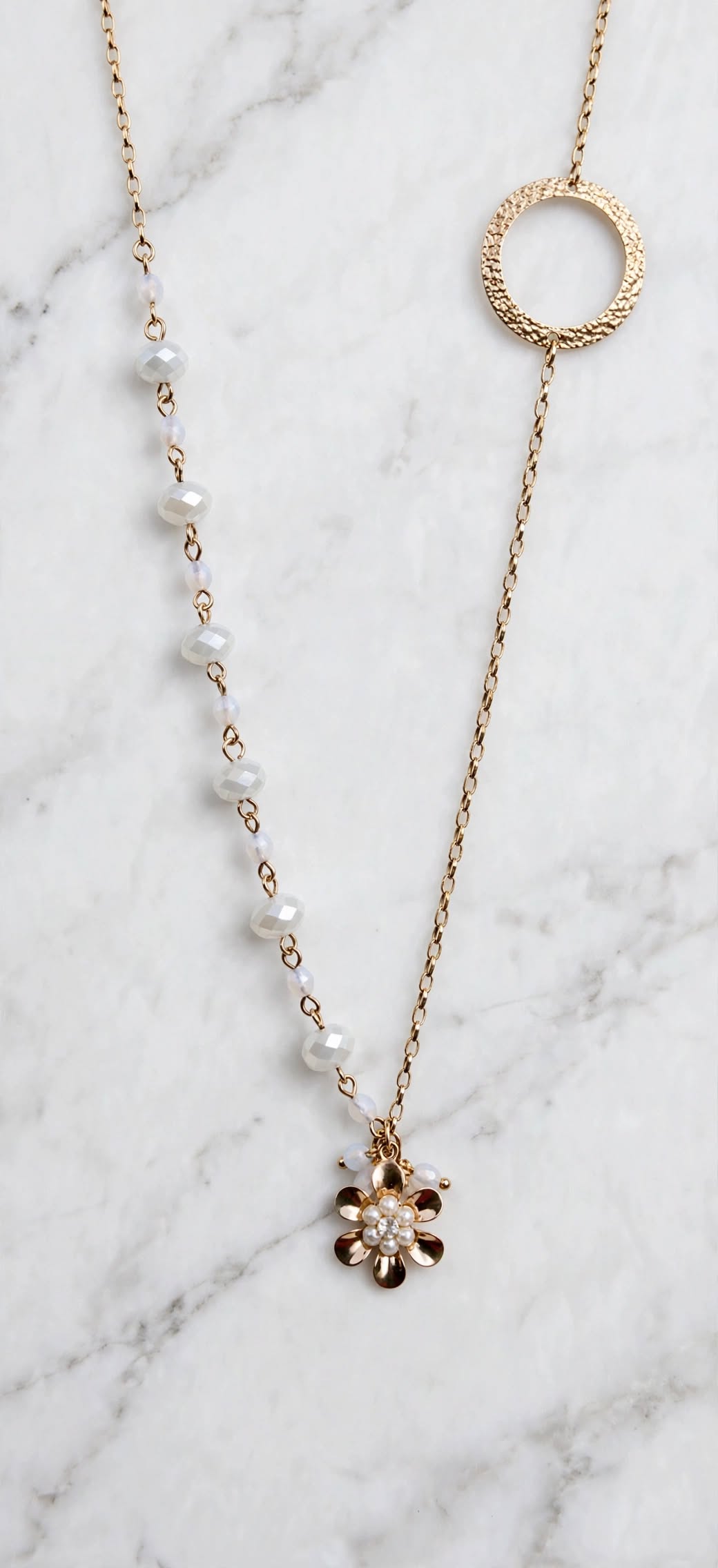 Colar Lariat Y-Drop Assimétrico Argola Circular Pingente Flor Rommanel