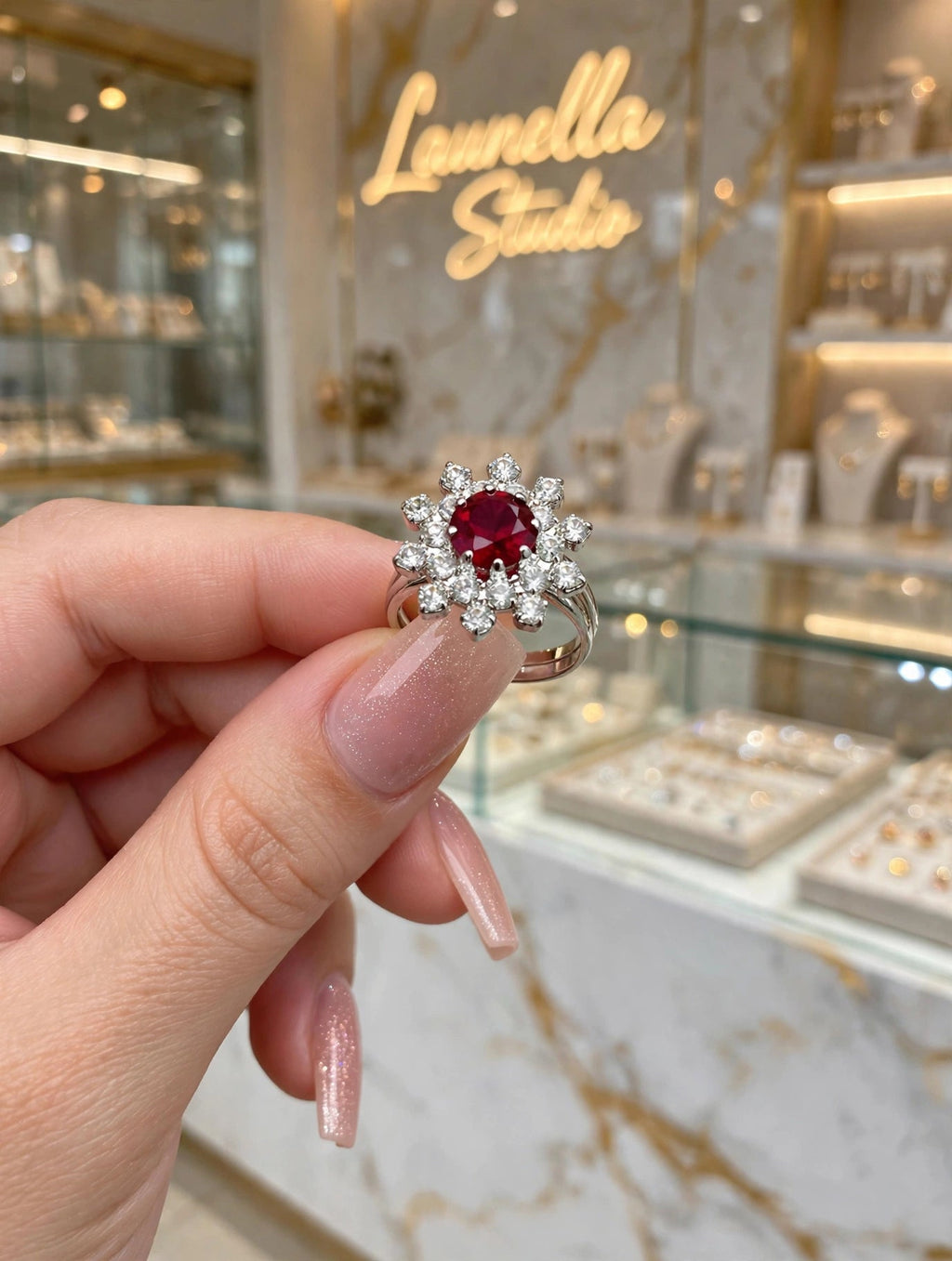 Anel cocktail roseta zircónia vermelho rubi duplo halo banho ródio Rommanel seguro na mão unhas nude vitrine Launella Studio bokeh dourado detalhe lateral rubi vermelho