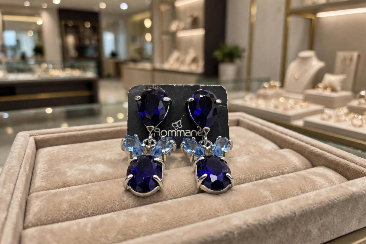 Brincos Pendente Cascata Cristal Safira Azul Royal Banho Ródio Rommanel