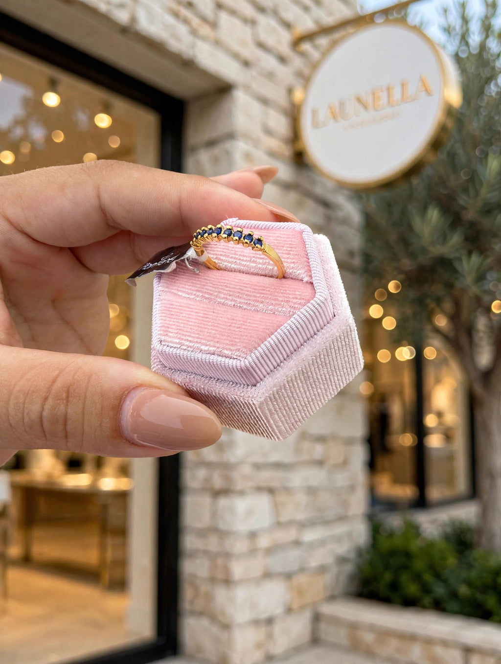 Anel Aparador Rommanel Zircónias Azuis - na caixa rosa hexagonal exterior loja