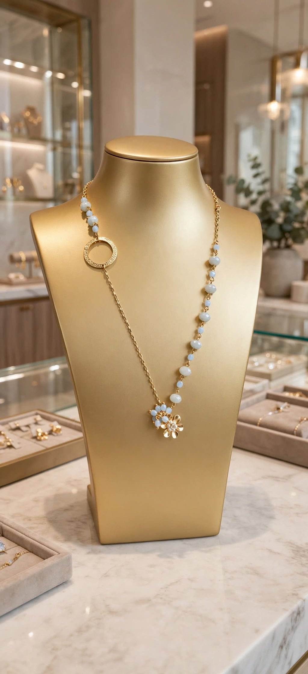 Colar Lariat Y-Drop Assimétrico Argola Circular Pingente Flor Rommanel