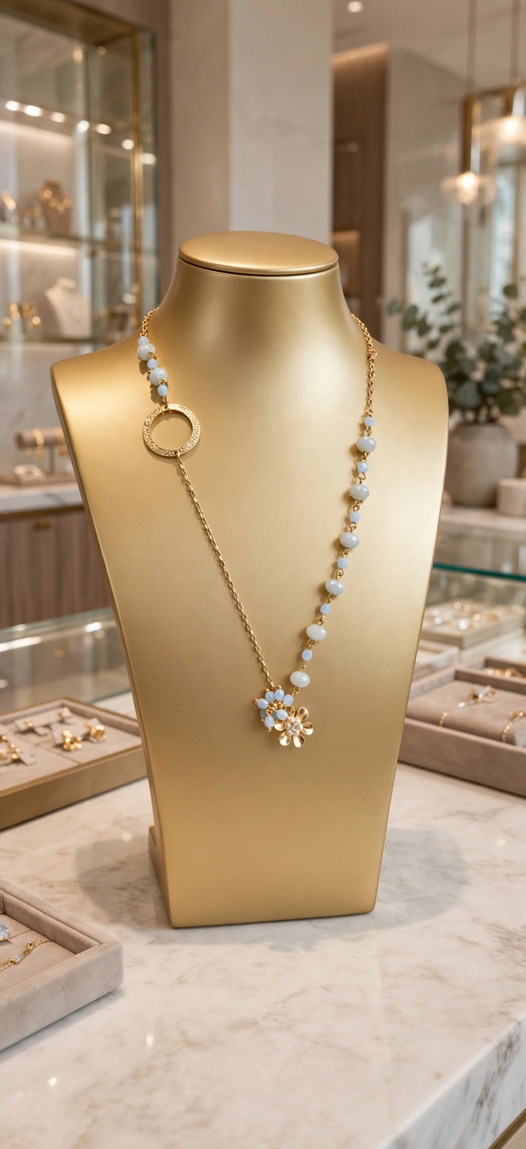 Colar Lariat Y-Drop Assimétrico Argola Circular Pingente Flor Rommanel