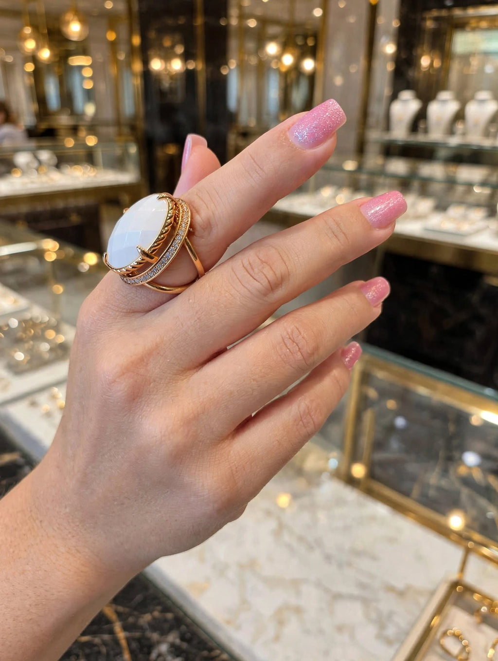 Anel Oval Quartzo Branco Facetado Zircónias Rommanel