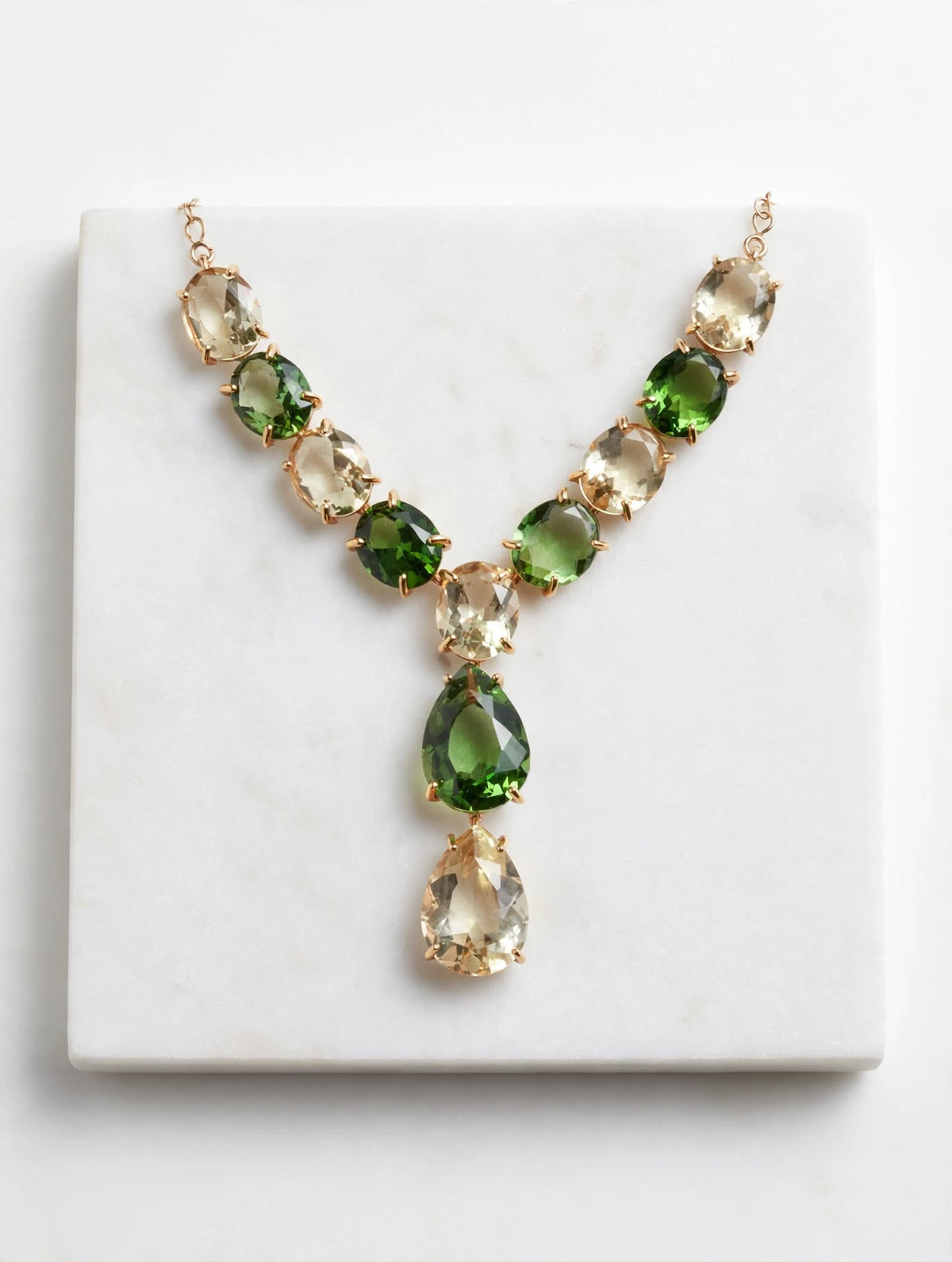Colar Riviera Y-Drop Bicolor Pedras Ovais Cristal Verde Esmeralda Champanhe Rommanel