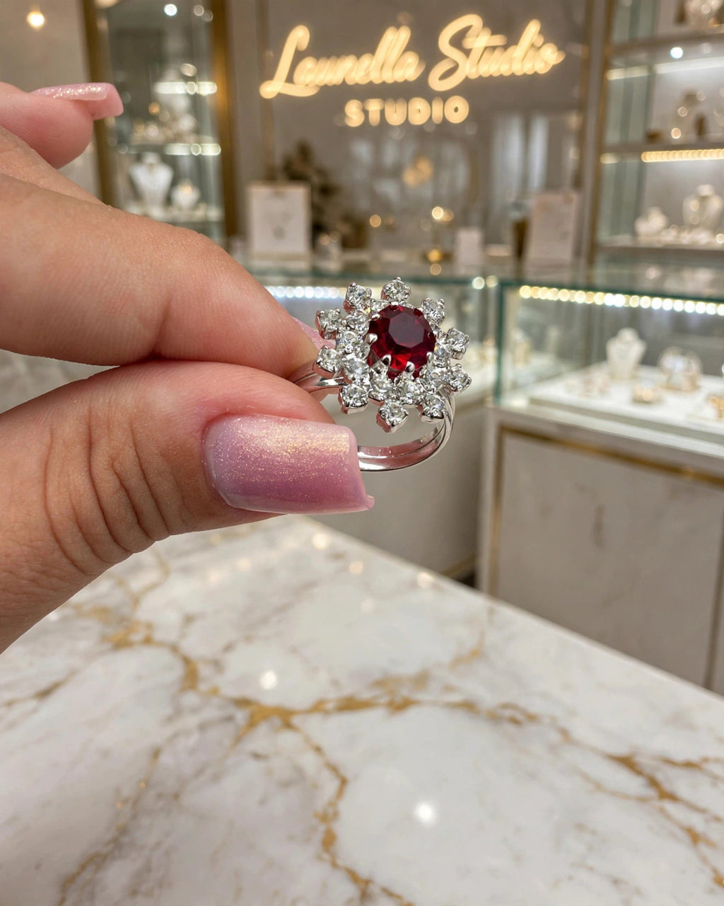 Anel cocktail roseta zircónia vermelho rubi duplo halo banho ródio Rommanel seguro na mão unhas nude vitrine Launella Studio bokeh dourado detalhe frente halo zircónias brancas