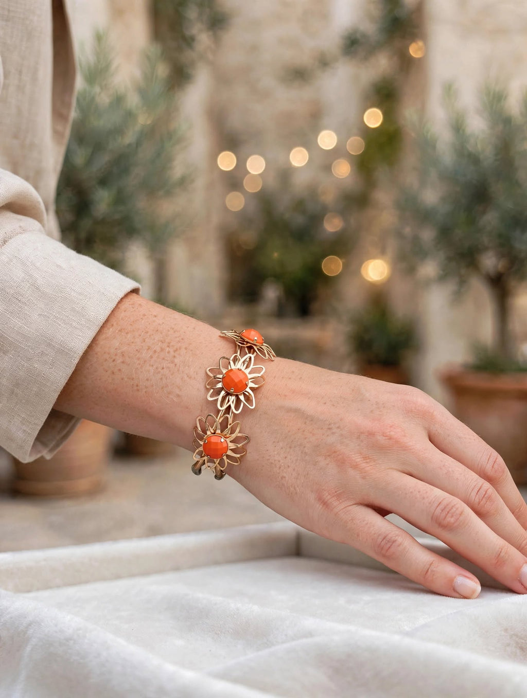 Bracelete Flores Pedra Laranja Coral Rommanel