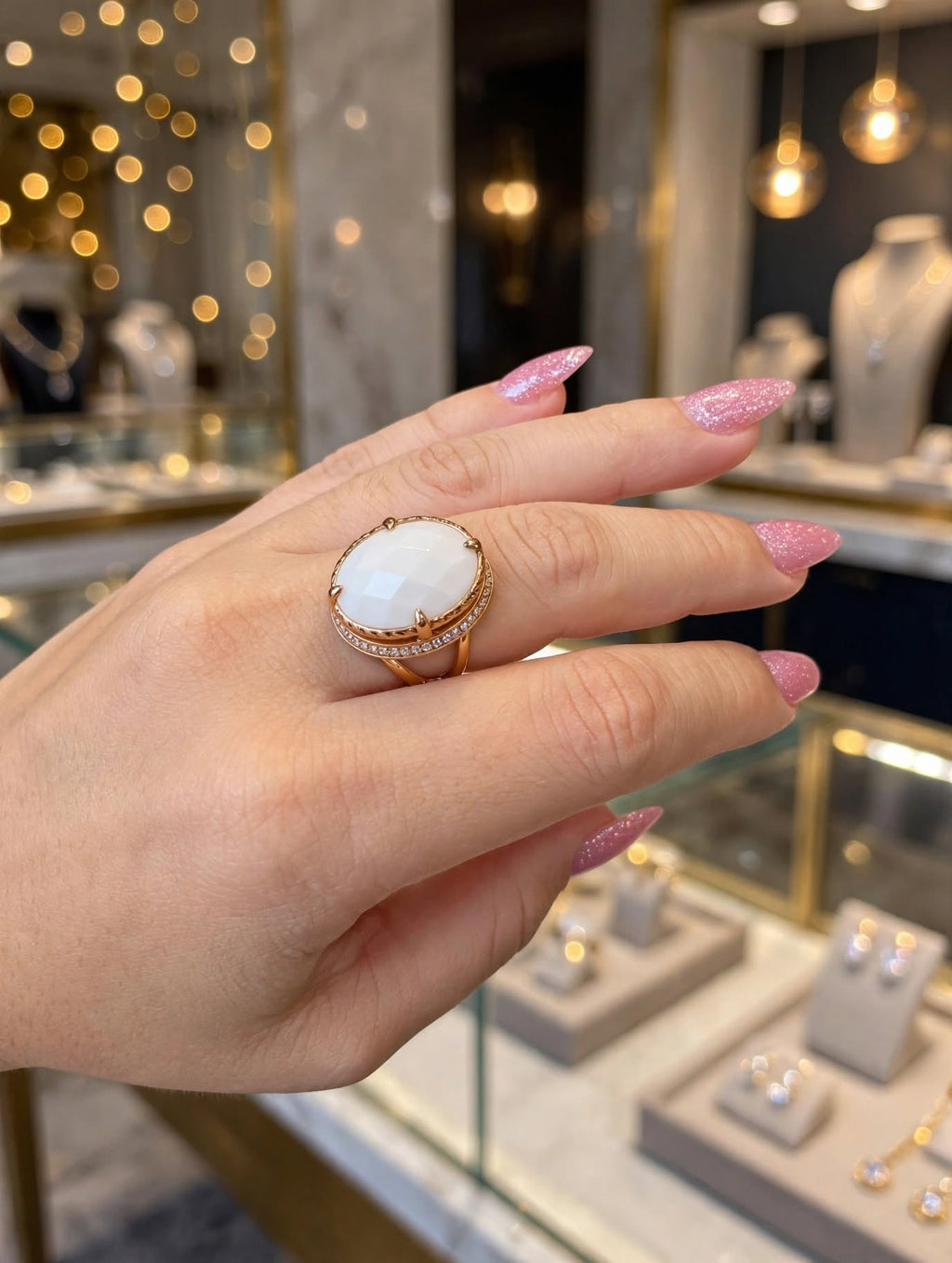 Anel Oval Quartzo Branco Facetado Zircónias Rommanel