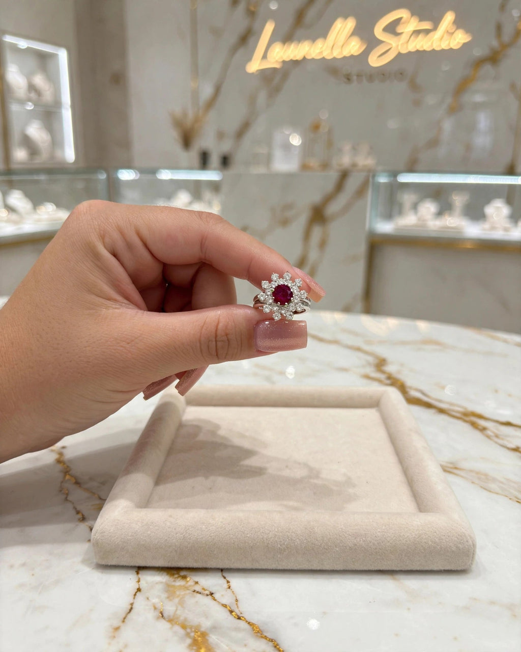 Anel cocktail roseta zircónia vermelho rubi duplo halo banho ródio Rommanel em expositor veludo branco caixa preta fundo preto veludo close-up detalhe halo duplo