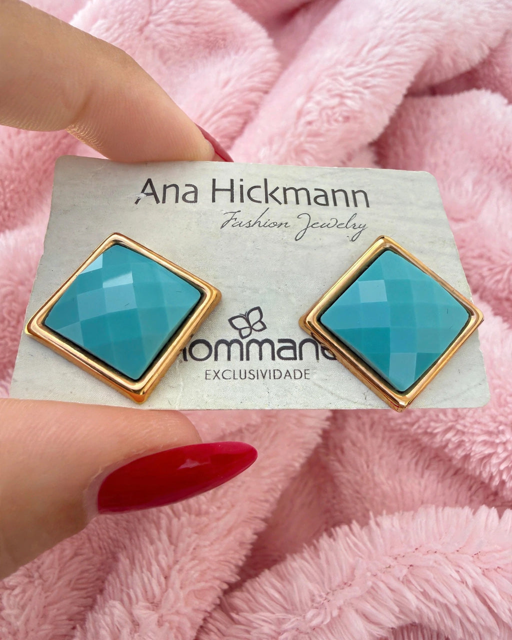 Brinco Losango Pedra Azul Turquesa Ana Hickmann Rommanel