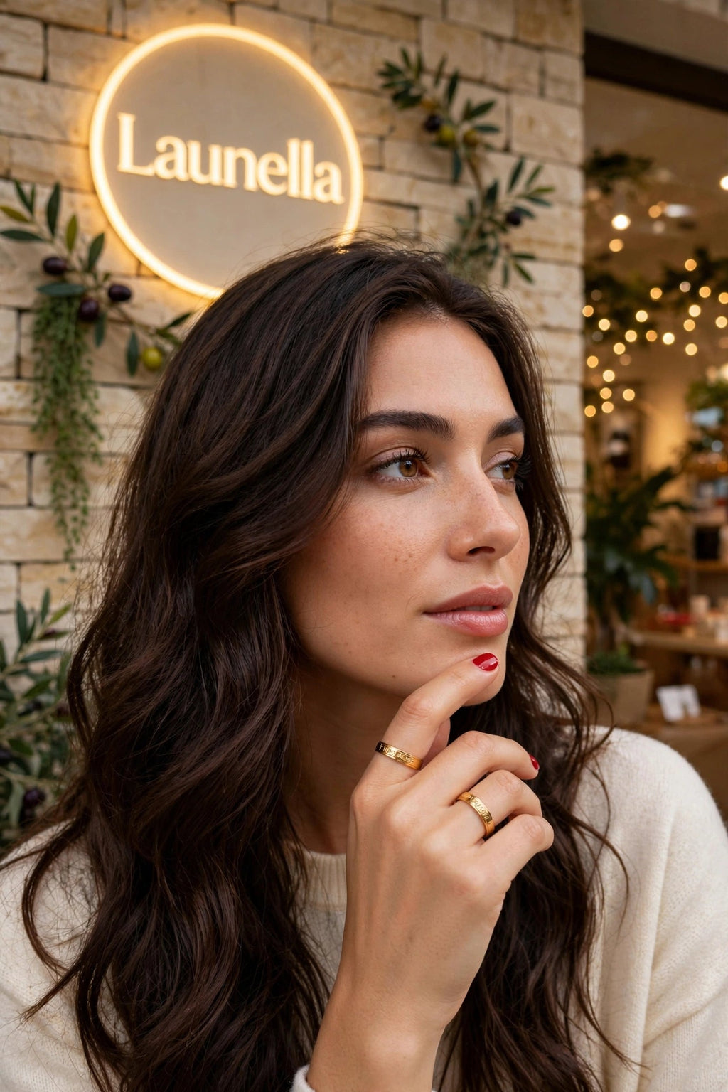 Anel Tudo Posso Naquele que Me Fortalece Rommanel - modelo com cabelo escuro a usar o anel em frente à loja Launella iluminada