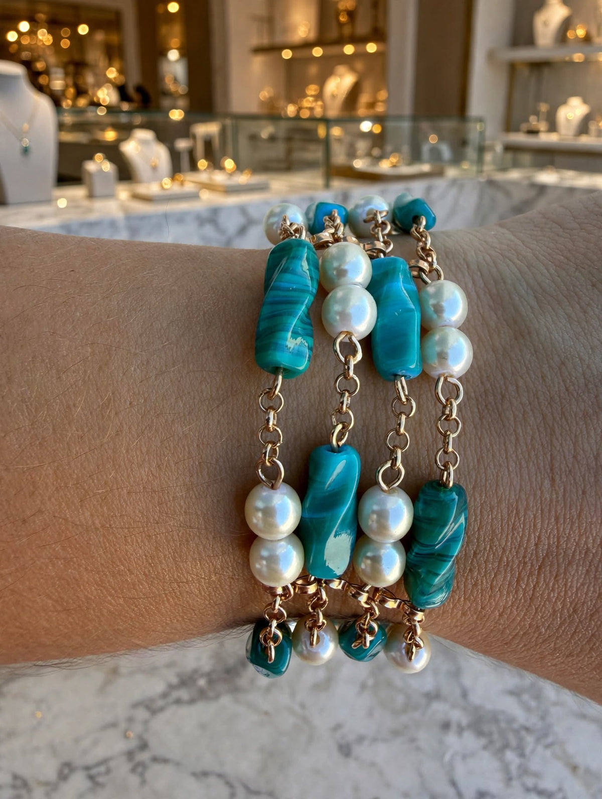 Pulseira Turquesa e Pérolas Rommanel