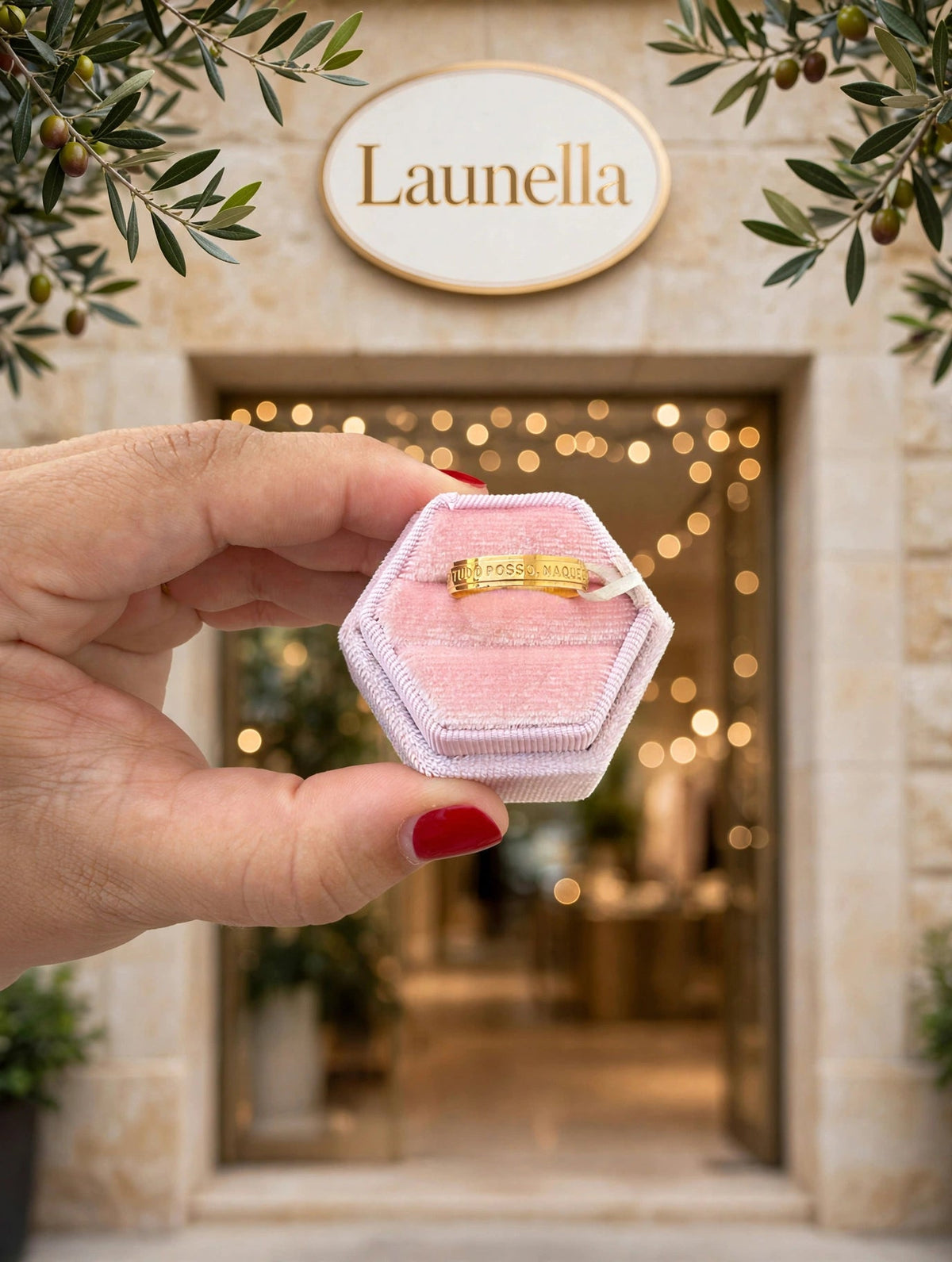 Anel Tudo Posso Naquele que Me Fortalece Rommanel - na caixa rosa hexagonal vista de cima exterior loja Launella