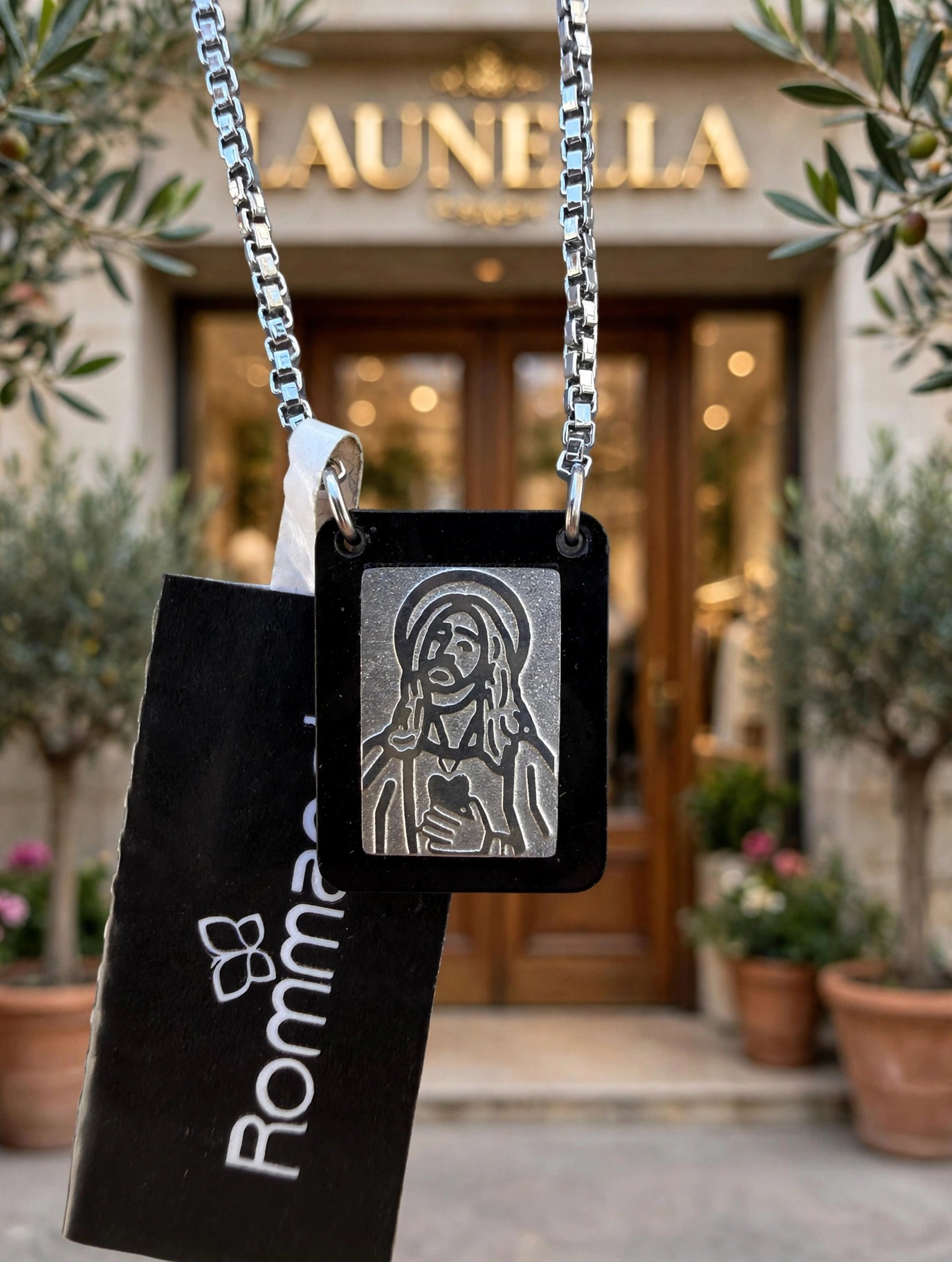 Escapulário Placa Religiosa Aço Inoxidável Masculino 68cm Rommanel