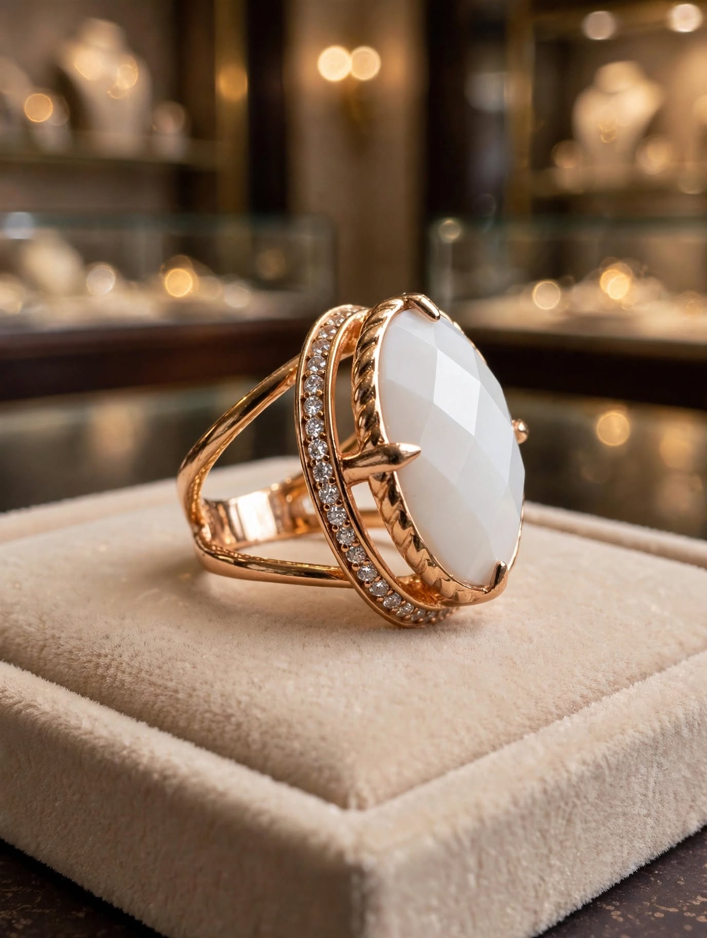 Anel Oval Quartzo Branco Facetado Zircónias Rommanel