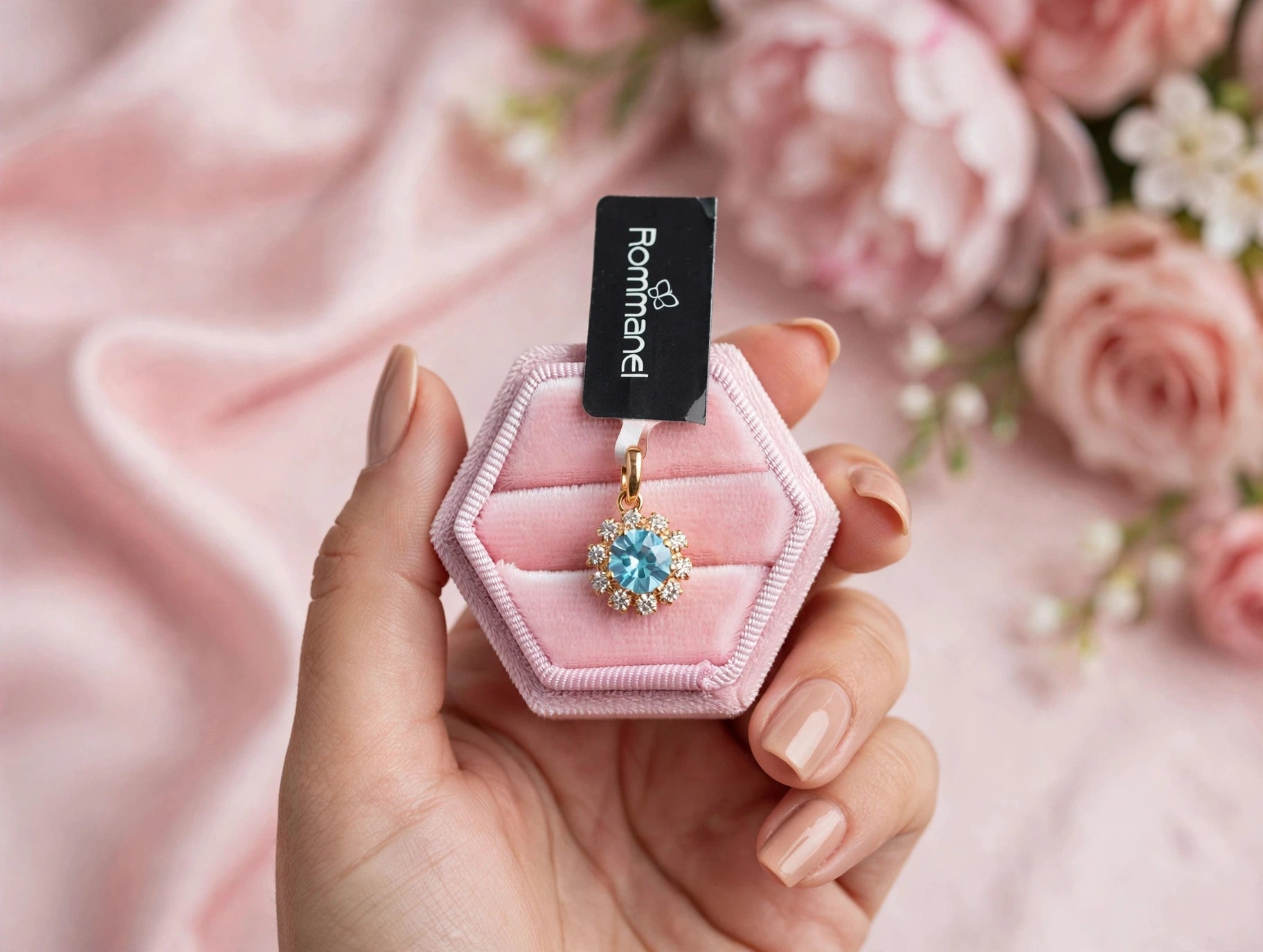 Pingente Flor Halo Cristal Acqua Zircónias Rommanel