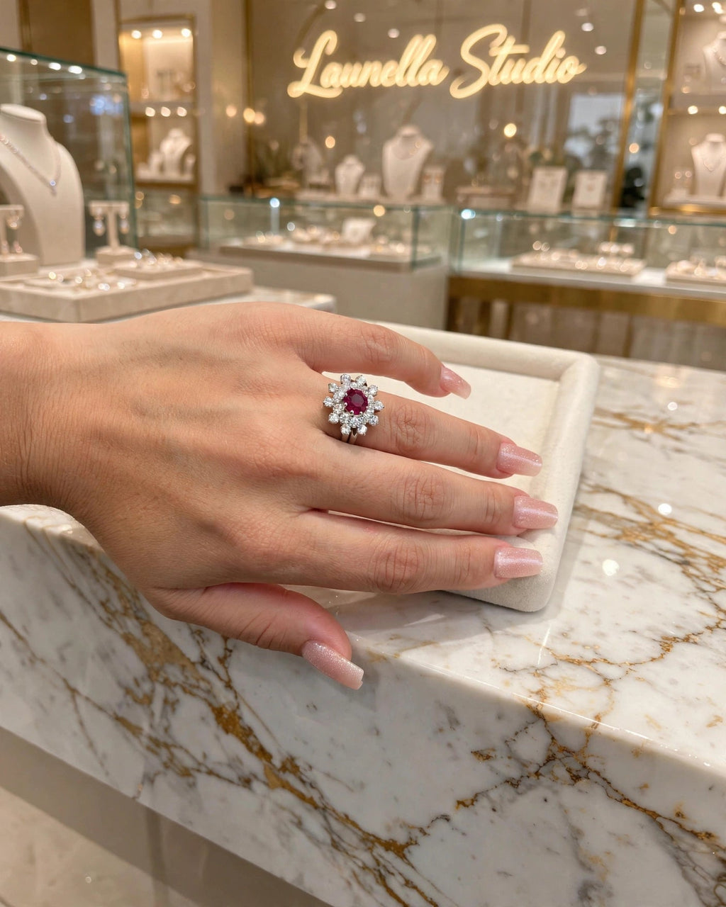 Anel cocktail roseta zircónia vermelho rubi duplo halo banho ródio Rommanel seguro na mão unhas nude vitrine Launella Studio bokeh dourado detalhe lateral aro duplo