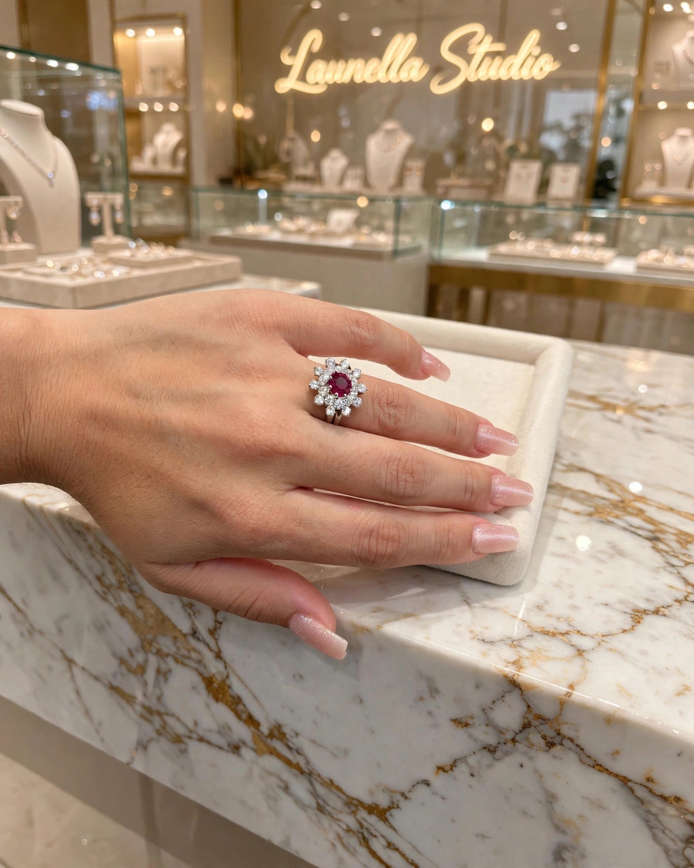 Anel cocktail roseta zircónia vermelho rubi duplo halo banho ródio Rommanel seguro na mão unhas nude vitrine Launella Studio bokeh dourado detalhe lateral aro duplo