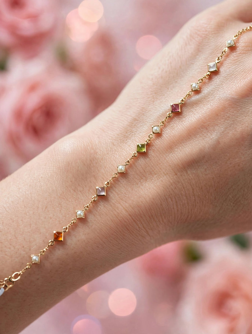 Pulseira Losangos Pedras Coloridas Pérolas Rommanel