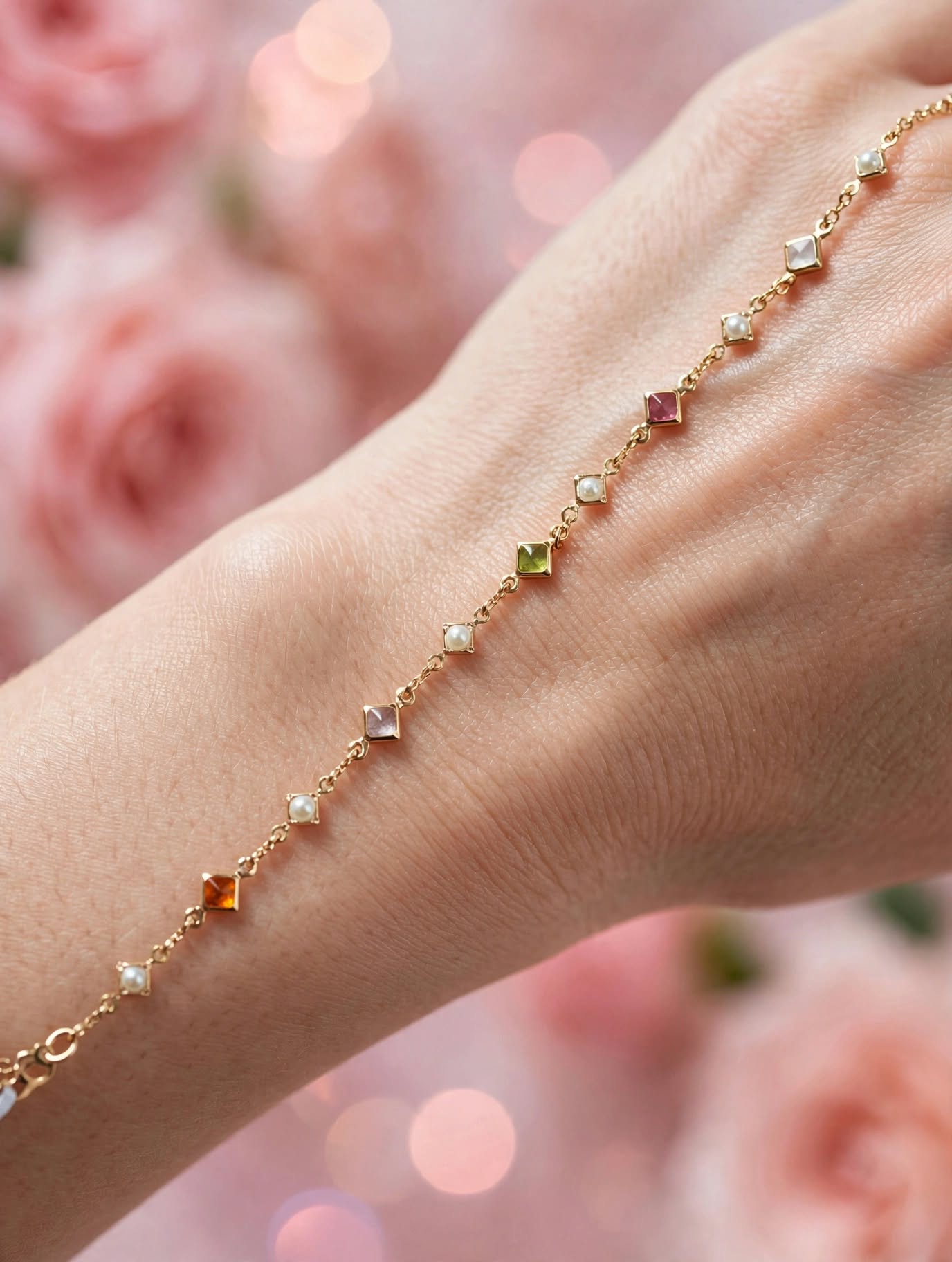 Pulseira Losangos Pedras Coloridas Pérolas Rommanel
