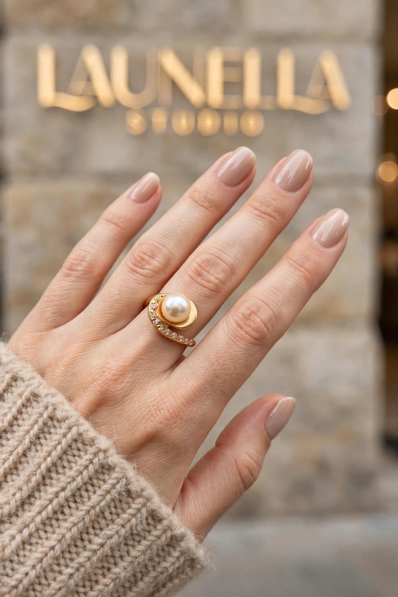 Anel Pérola Espiral Zircónias Rommanel - no dedo com unhas nude em frente à loja Launella Studio