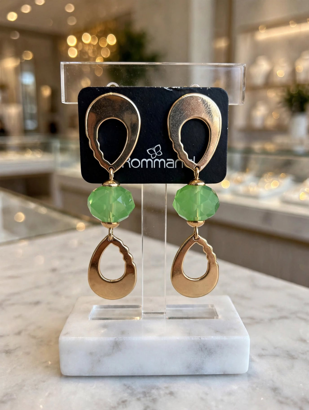 Brinco Pendente Gota Cristal Verde Maçã Rommanel