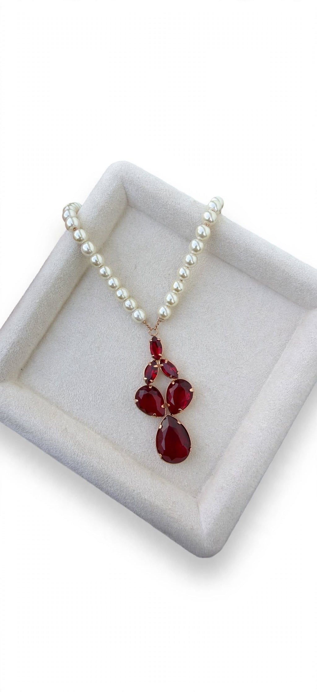 Colar Pérolas Brancas Pingente Cristal Vermelho Rommanel