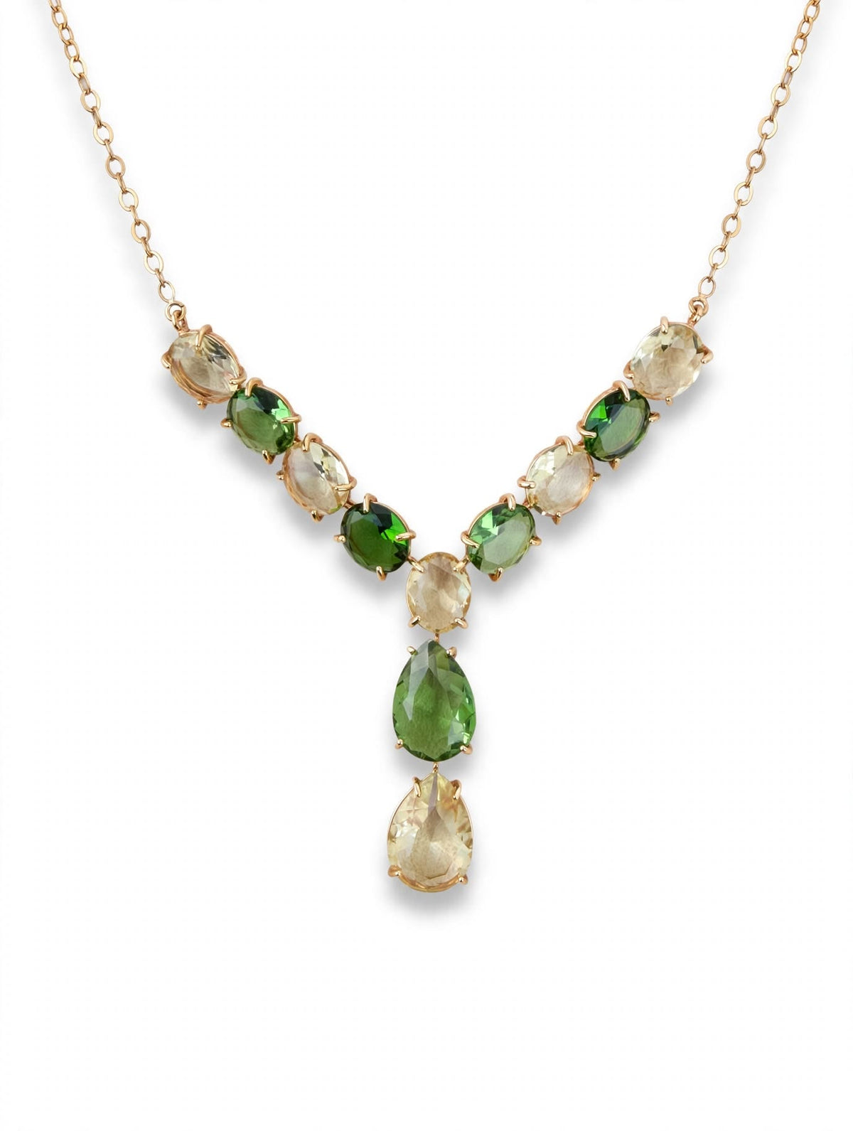 Colar Riviera Y-Drop Bicolor Pedras Ovais Cristal Verde Esmeralda Champanhe Rommanel