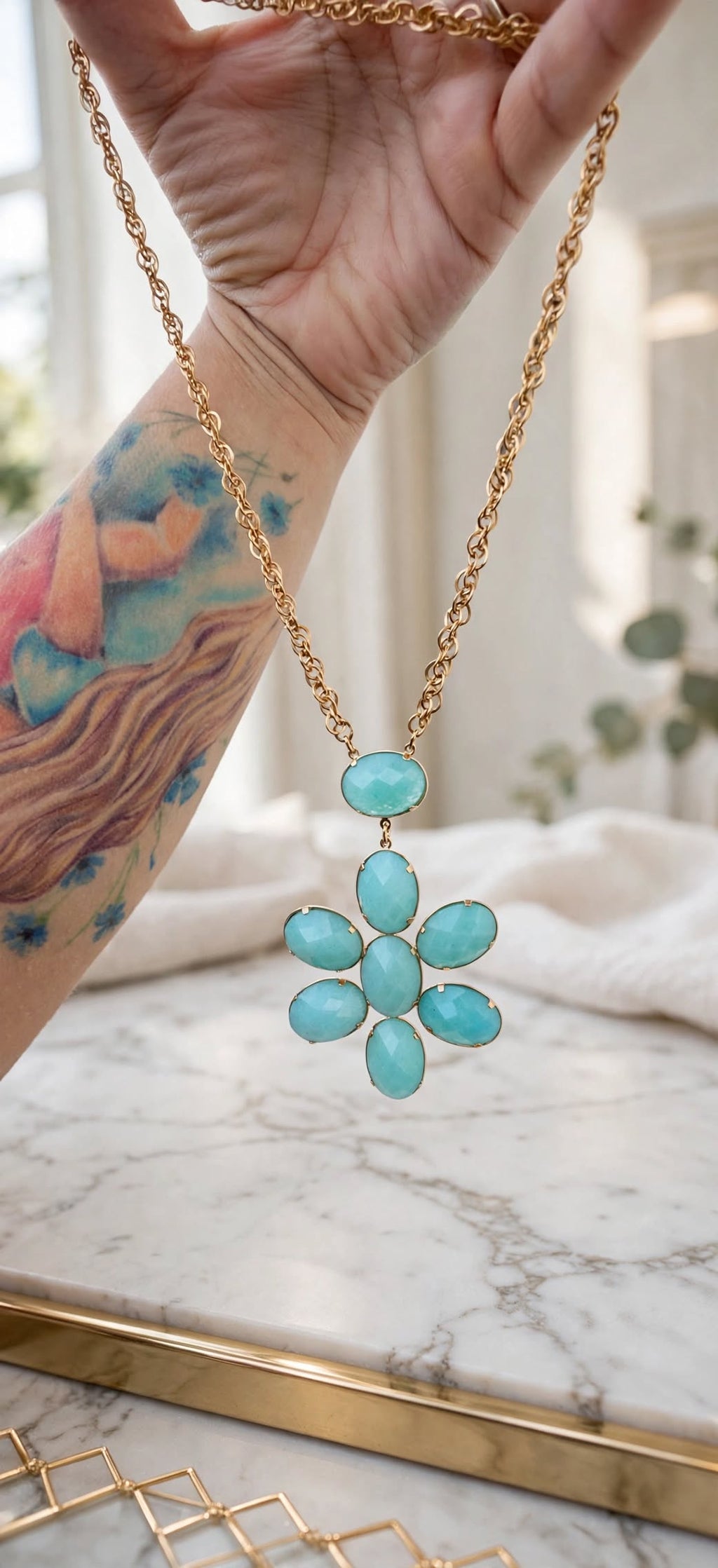 Colar Pingente Flor Pedras Turquesa Rommanel
