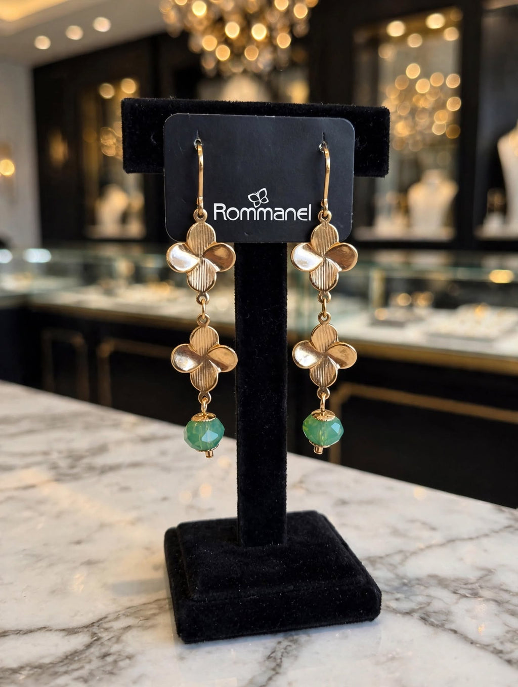 Brinco Pendente Flores Cristal Verde Rommanel