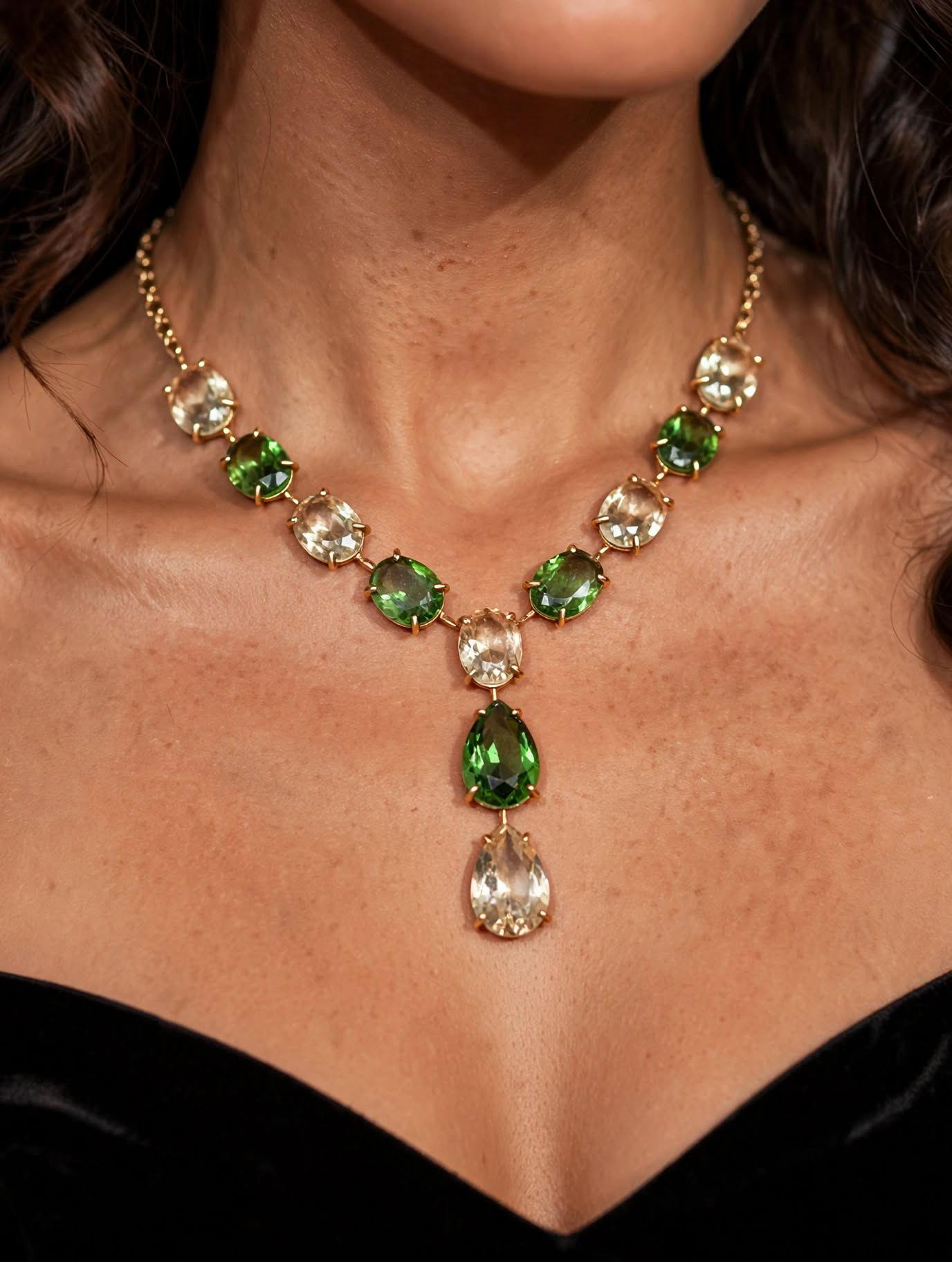 Colar Riviera Y-Drop Bicolor Pedras Ovais Cristal Verde Esmeralda Champanhe Rommanel