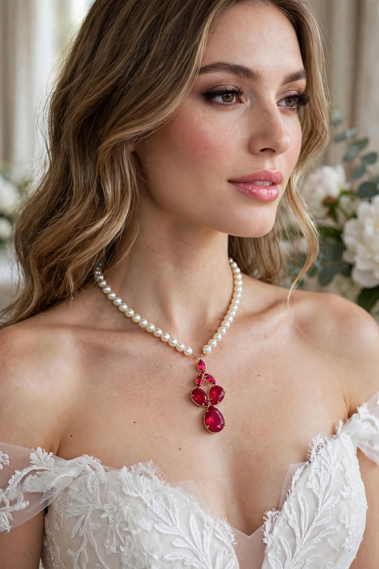 Colar Pérolas Brancas Pingente Cristal Vermelho Rommanel