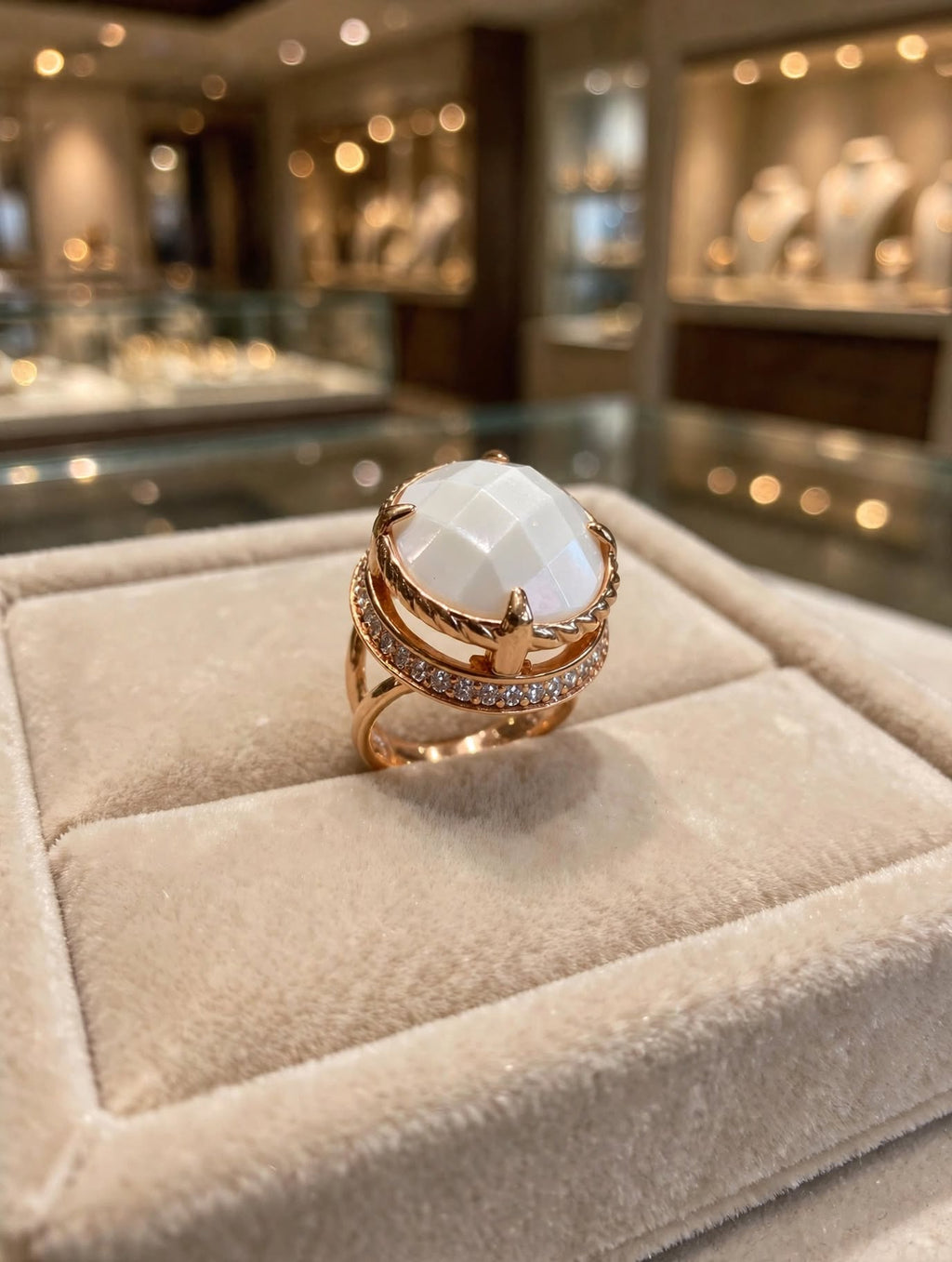 Anel Oval Quartzo Branco Facetado Zircónias Rommanel