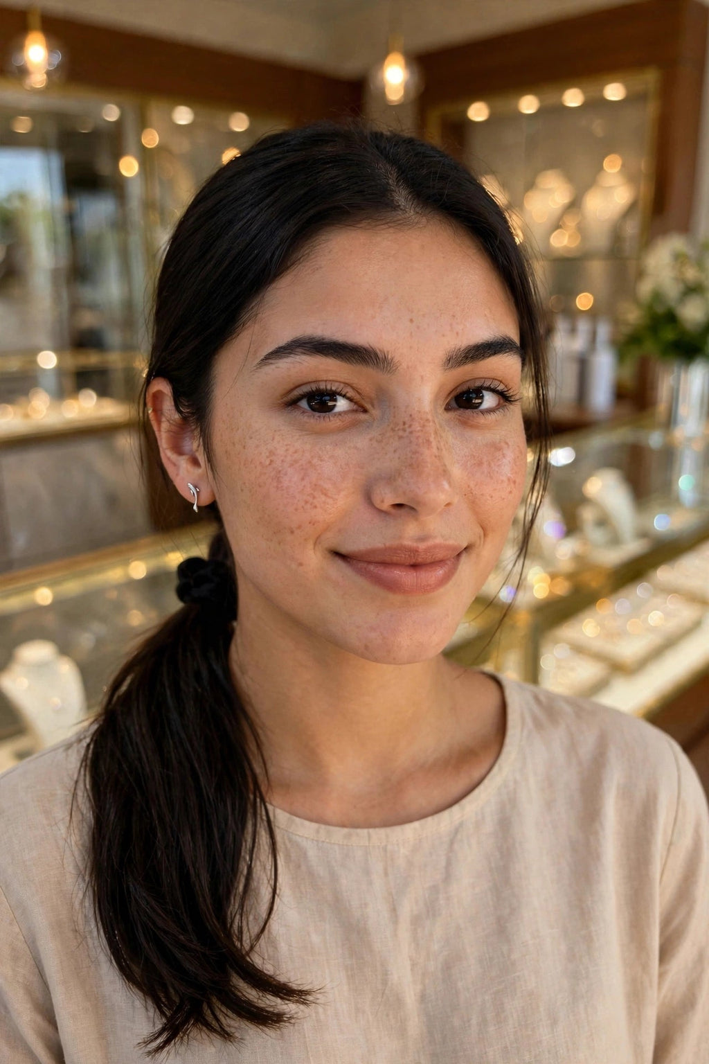 Detalhe do Brinco Ceylan em prata 925 usado no ouvido